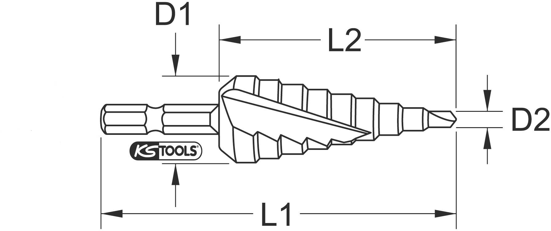 Technische Zeichnung eines Stufenbohrers mit Maßen: D1, D2, L1, L2. Marke: KSTools. Zeigt Details der Spiral- und Stufenstruktur.
