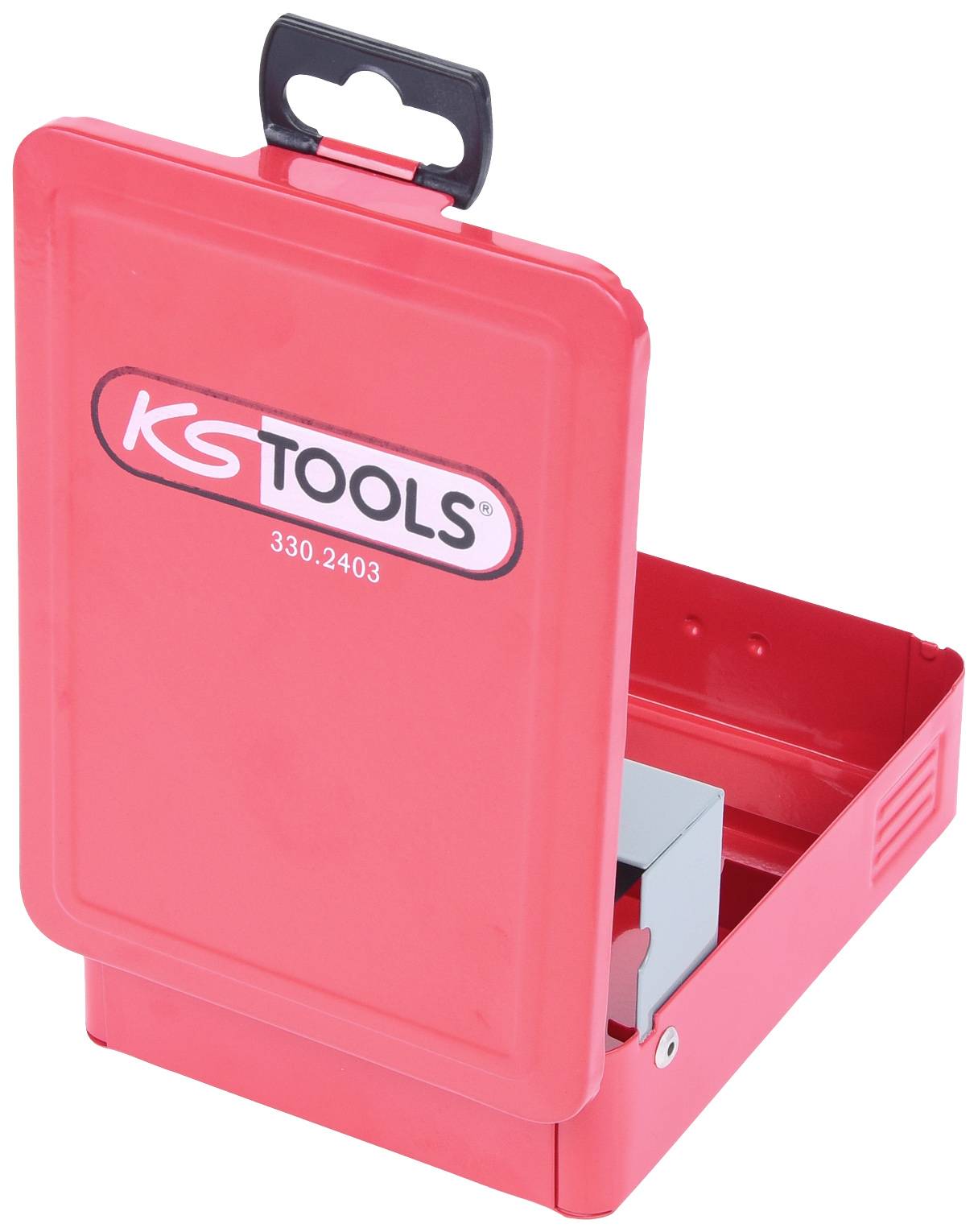 Roter Metallkasten mit dem Logo 'KS Tools' auf der Vorderseite. Der Kasten ist geöffnet und zeigt einen Innenraum mit Fach.