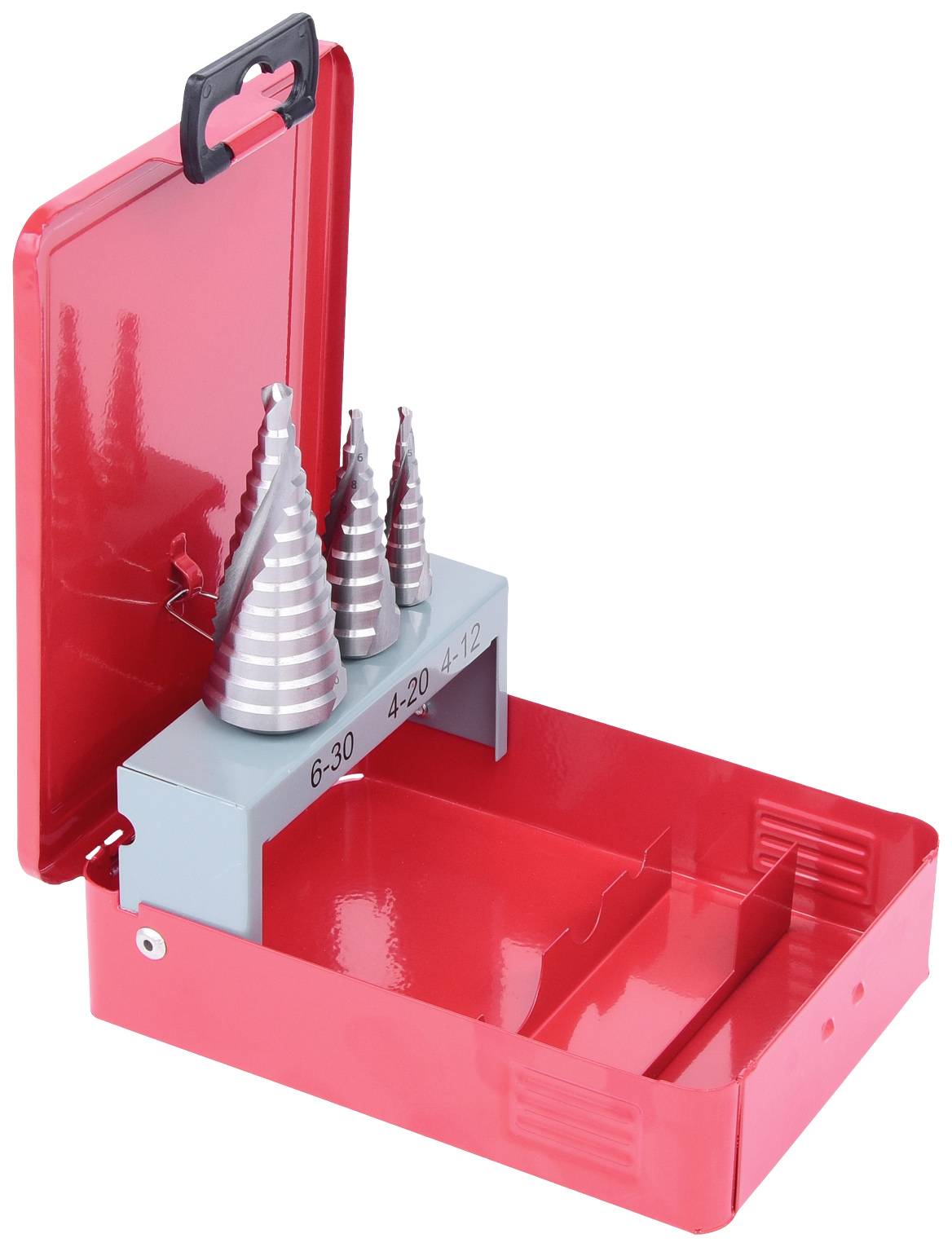 Rotes Etui mit drei Kegelbohrern unterschiedlicher Größe, links ein offener Griff.