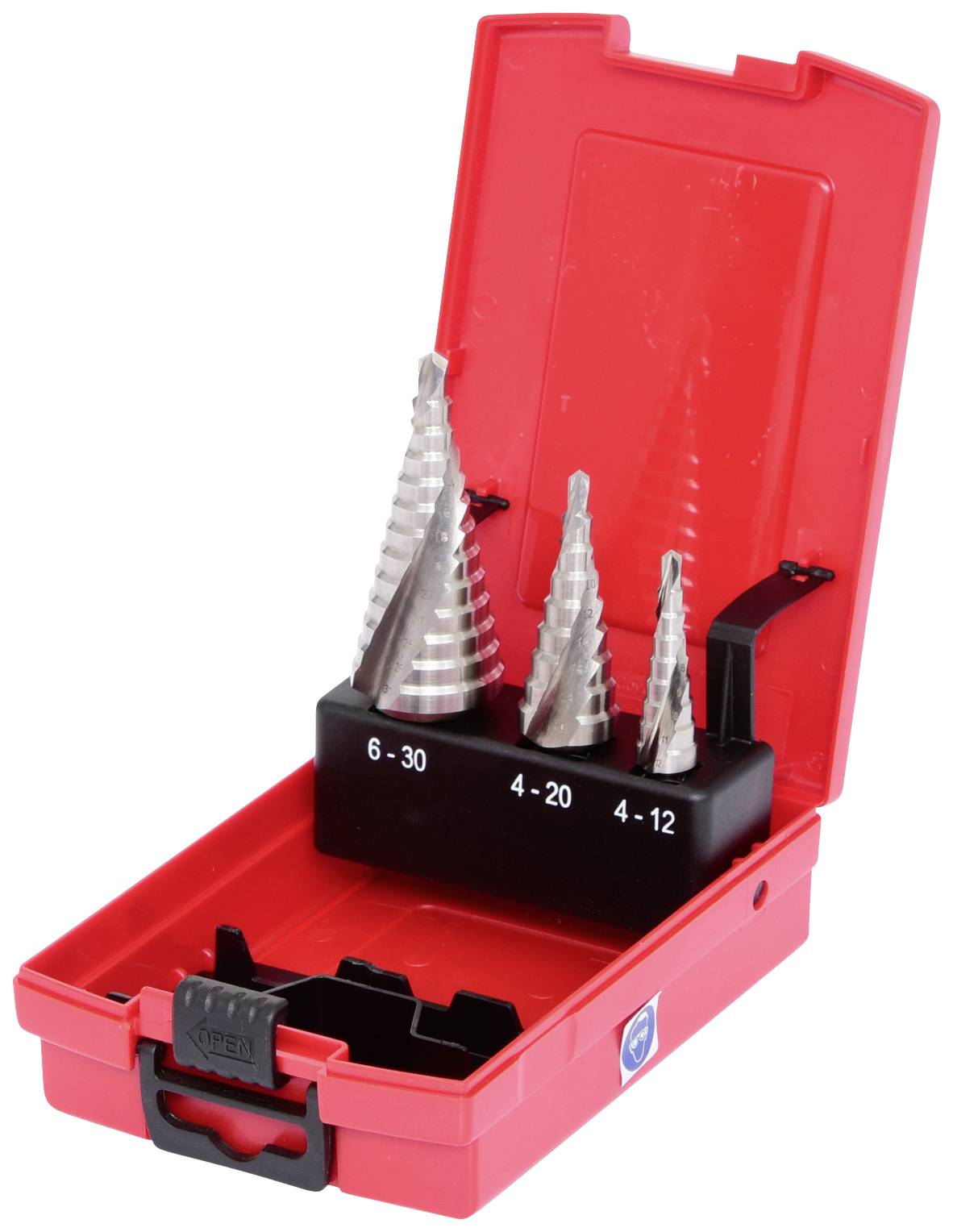 Rote Kunststoffbox mit drei Kegelsenker-Bohrern in unterschiedlichen Größen, beschriftet mit '6-30', '4-20', '4-12'.