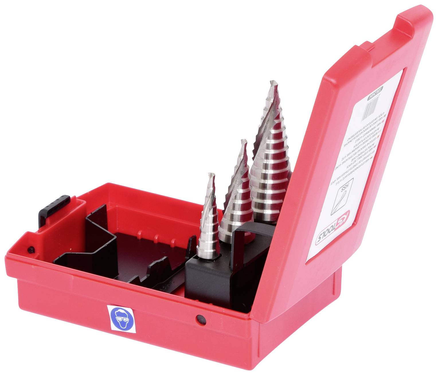 Rotes Etui mit drei konischen Bohrern.