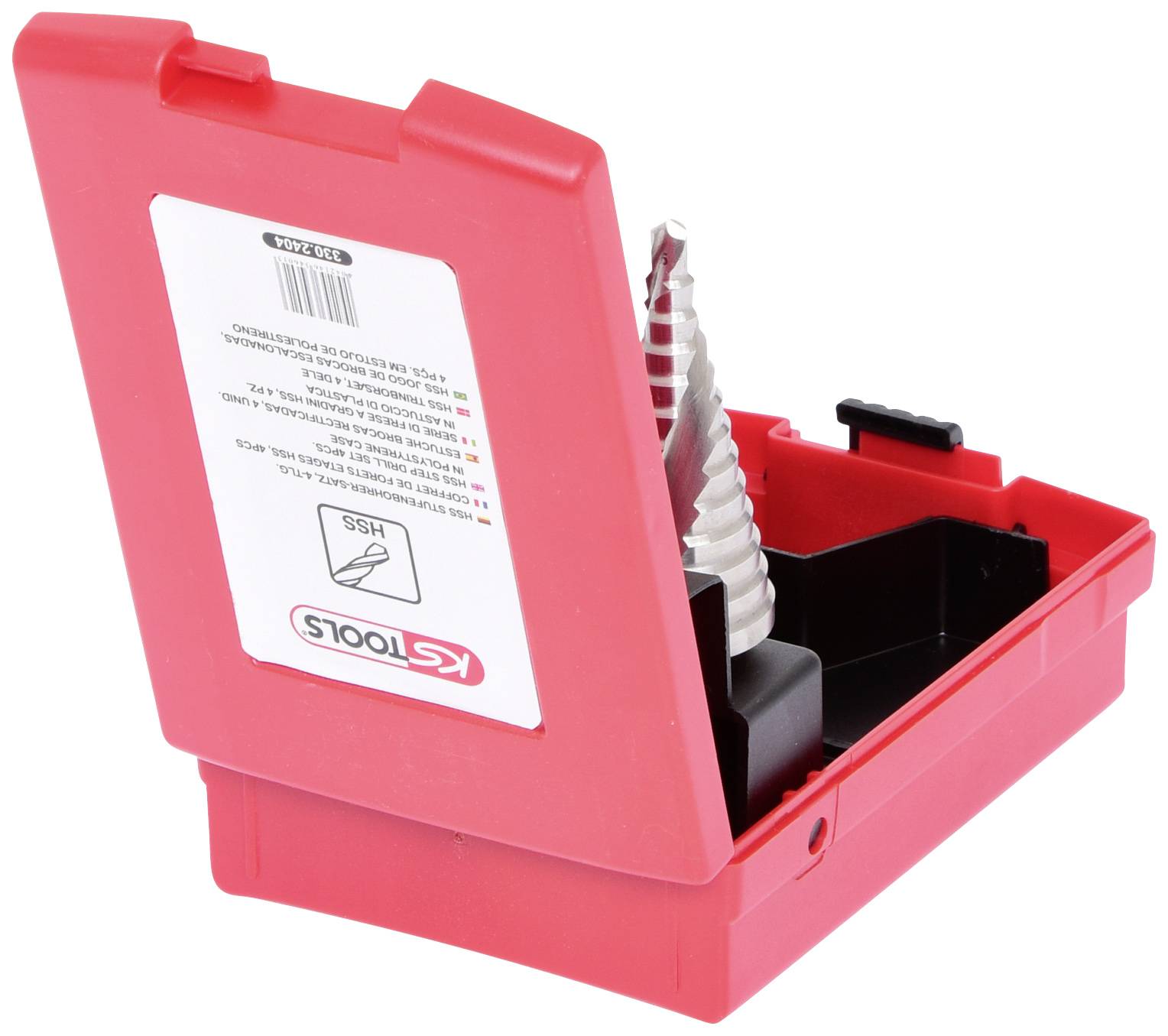 Roter Kunststoffkasten mit einem kegelförmigen Bohrer, der in einer Halterung liegt. Label mit Informationen auf der Innenseite des Deckels.