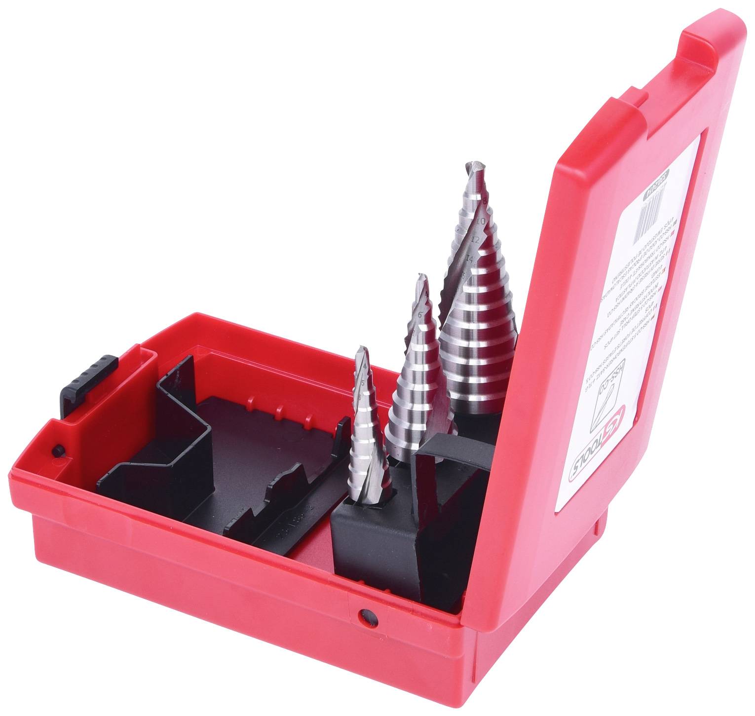 Rote Plastikbox mit drei Kegelbohrern, unterschiedlich groß, die in schwarzen Halterungen stehen. Boxdeckel ist angelehnt.