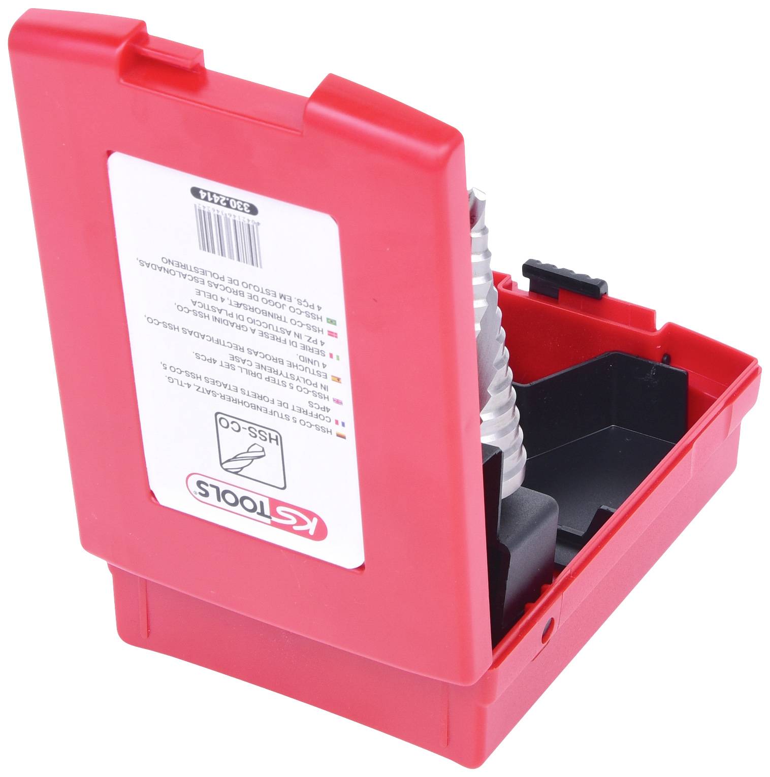 Roter Werkzeugkasten mit geöffneter Klappe. Innen ist eine spiralförmige Metallfeder sowie ein schwarzes Fach sichtbar.