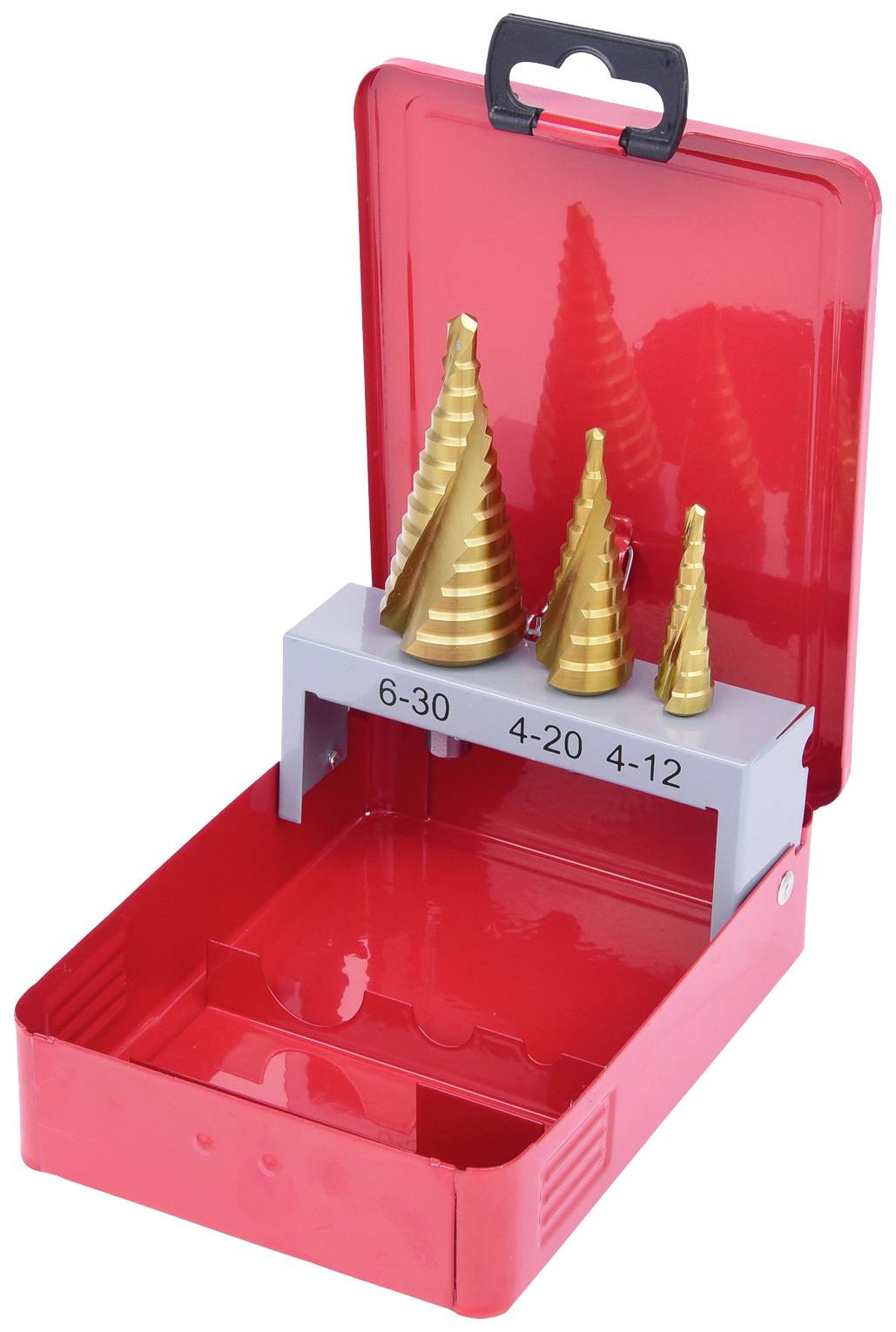 Roter Kasten mit drei Stufenbohrern in verschiedenen Größen.