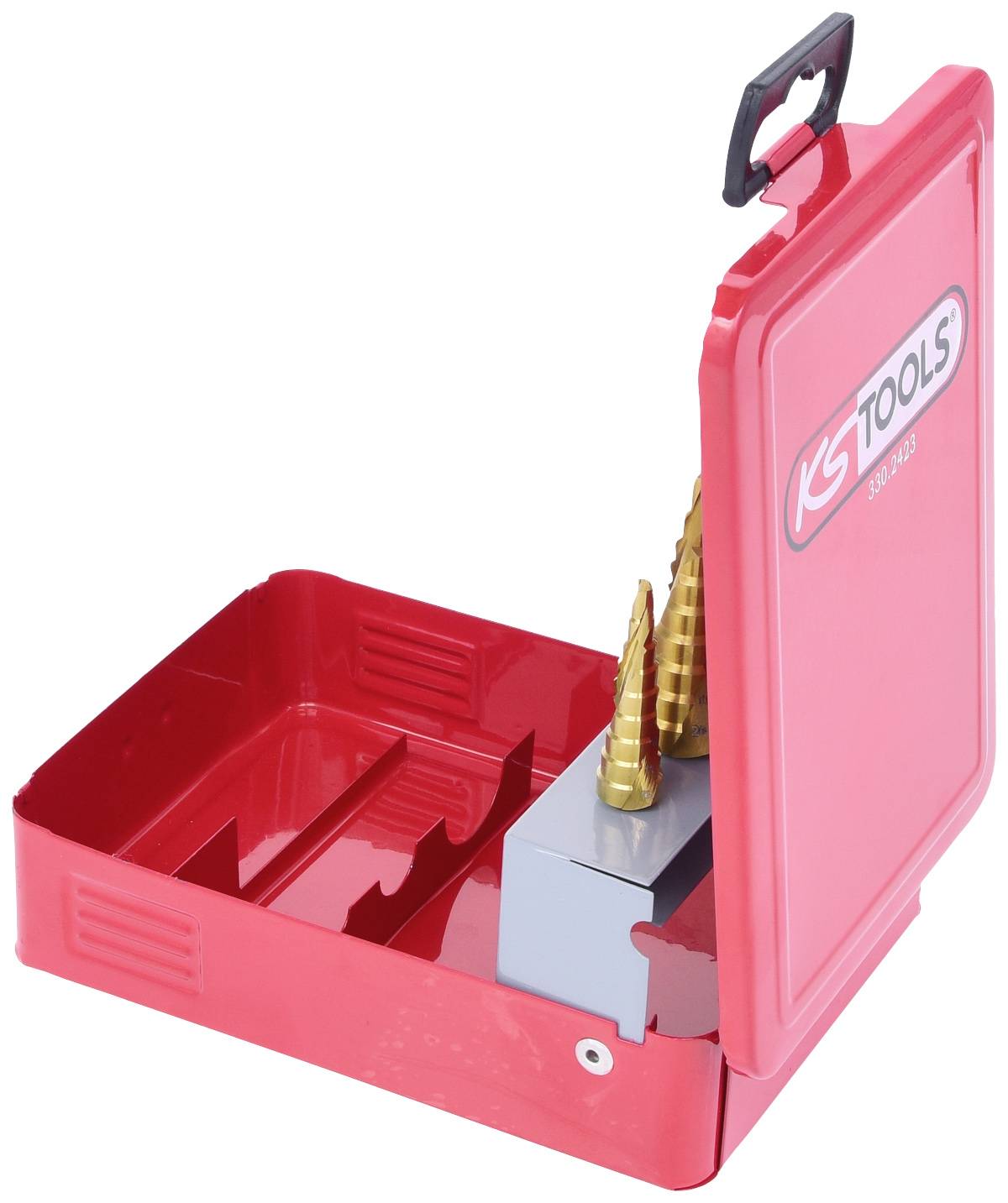 Roter Metallkoffer mit dem Schriftzug 'KS Tools', enthält zwei Stufenbohrer auf einem grauen Halter.