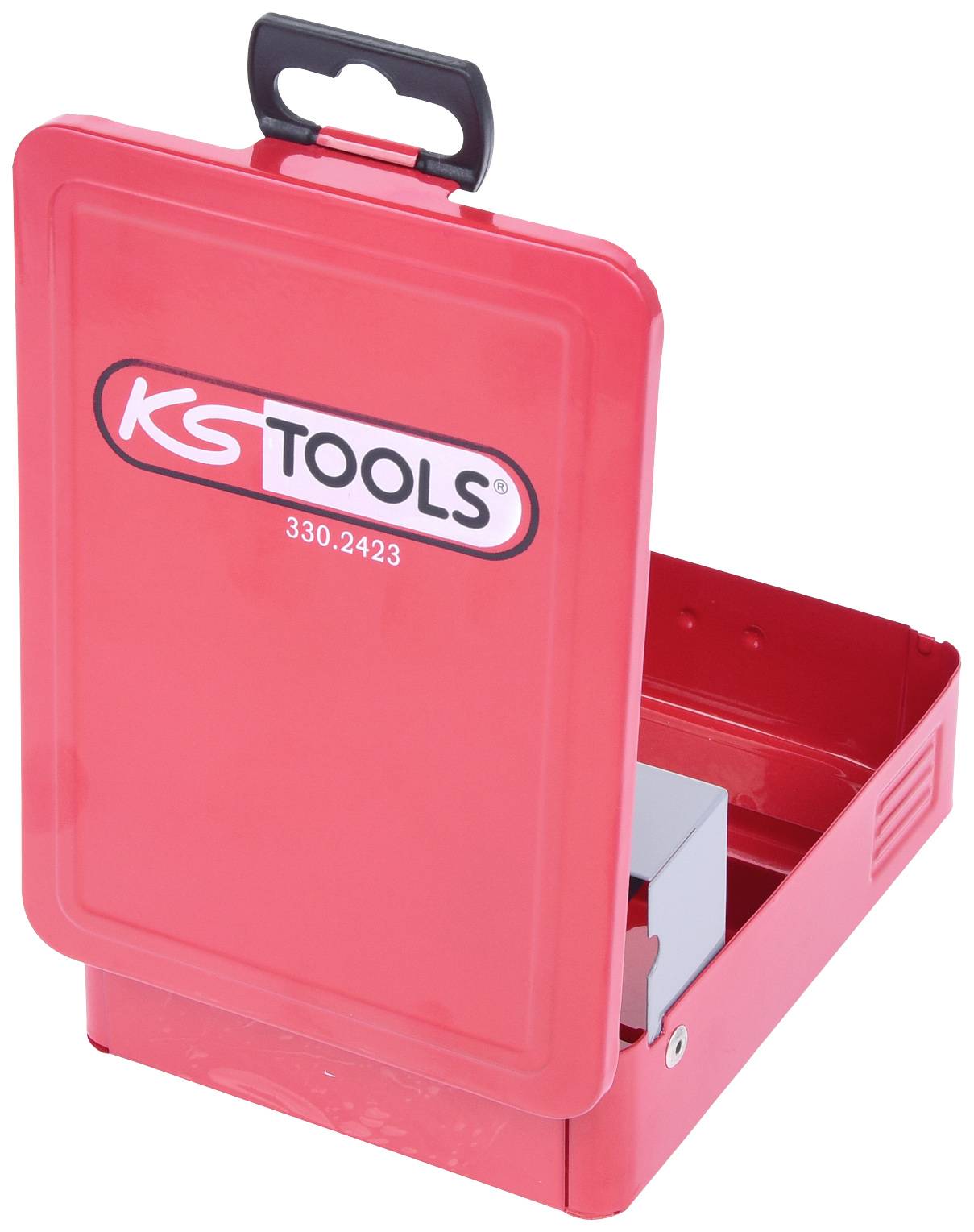 Roter Metallkasten mit schwarzem Tragegriff, Marke 'KS TOOLS' auf dem Deckel, teils geöffnet, enthält ein anderes Werkzeug.