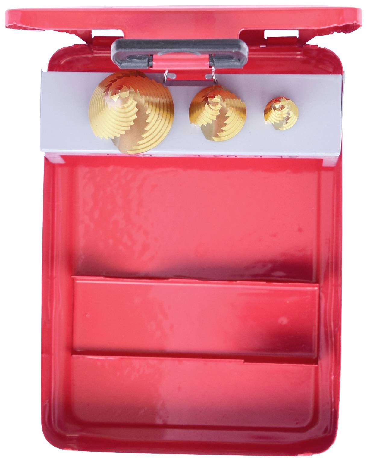 Roter Briefkasten geöffnet, mit drei goldenen Weihnachtskugeln im Inneren.