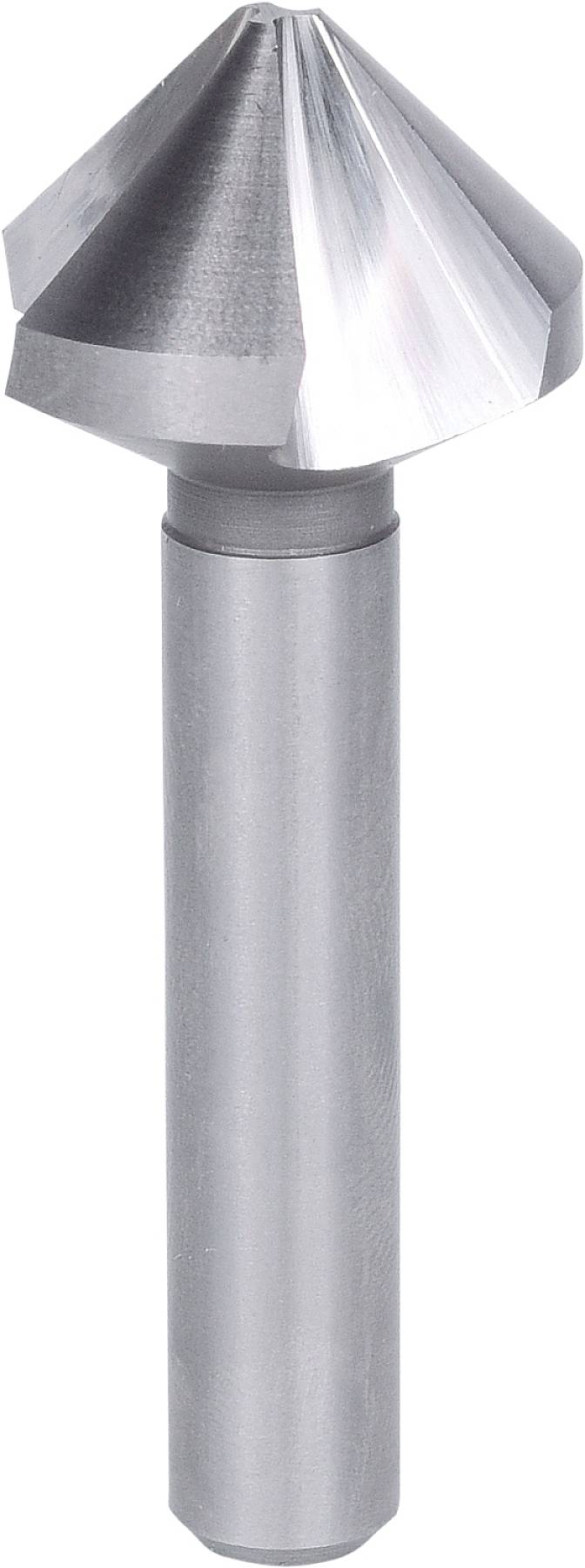Metallischer Kegelsenker mit glänzendem, konischem Kopf und glattem Schaft. Werkzeug zur Bearbeitung von Materialien.