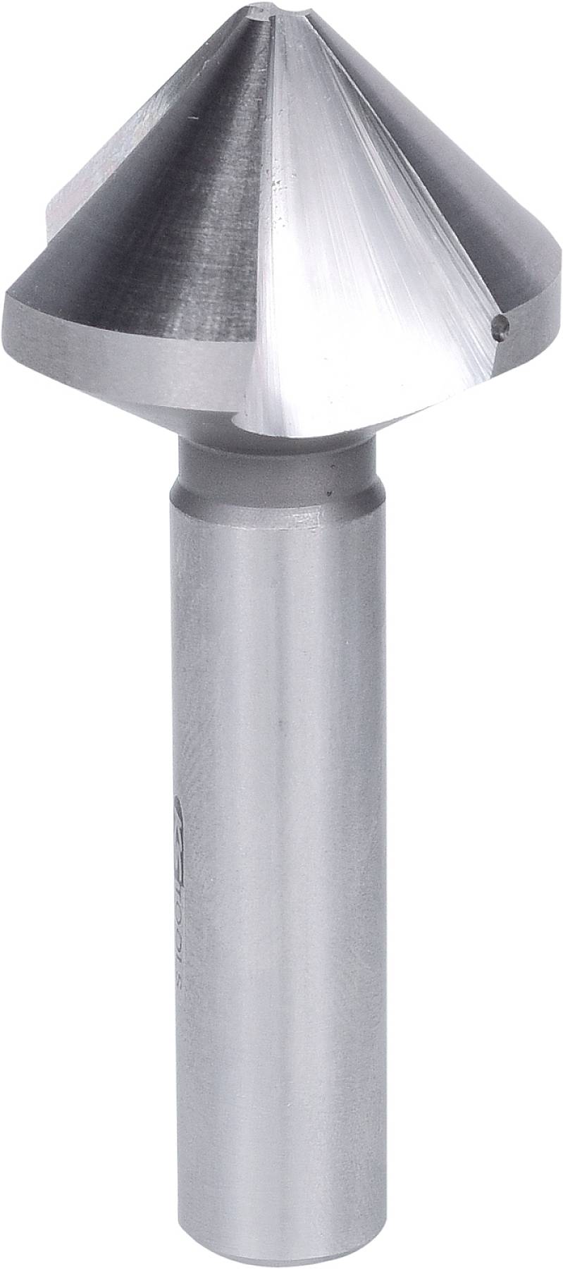 Ein Kegelsenkerbohrer aus Metall mit einer glänzenden Spitze und einem schlichten Griff, verwendet zum Entgraten und Versenken von Schrauben.