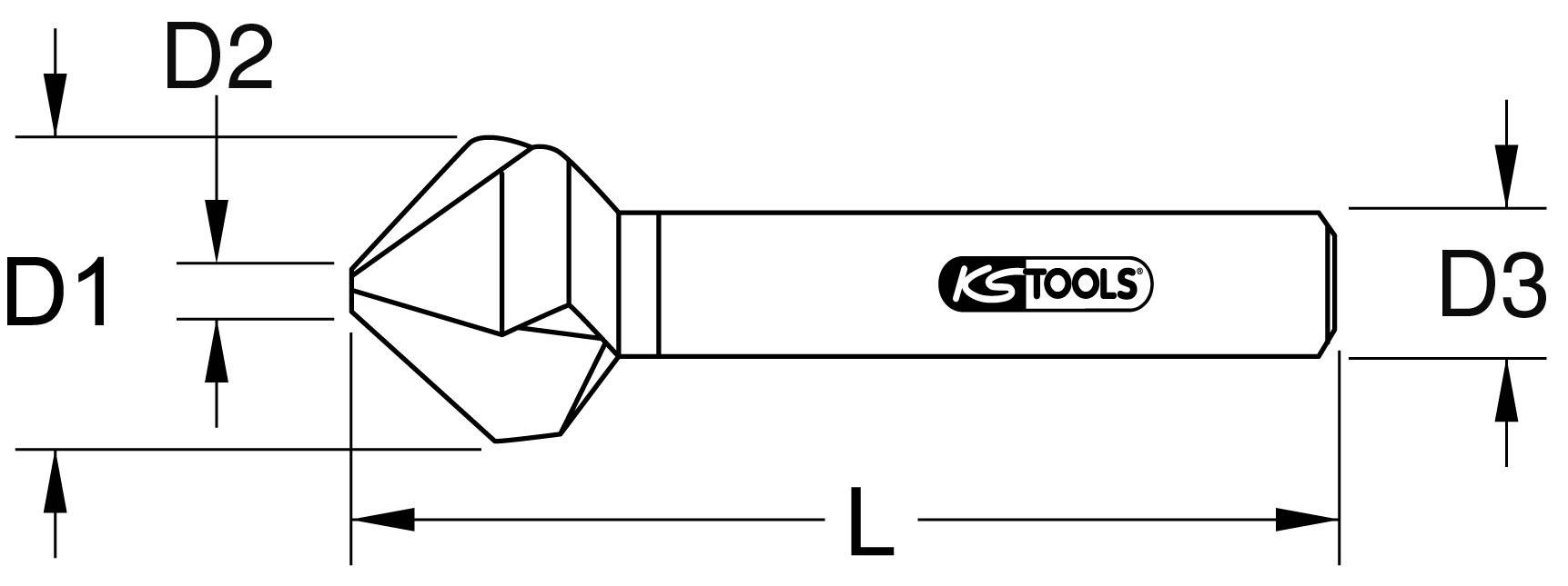 Technische Zeichnung eines Entgraters mit Messangaben D1, D2, D3 und L, sowie Logo des Herstellers in der Mitte.