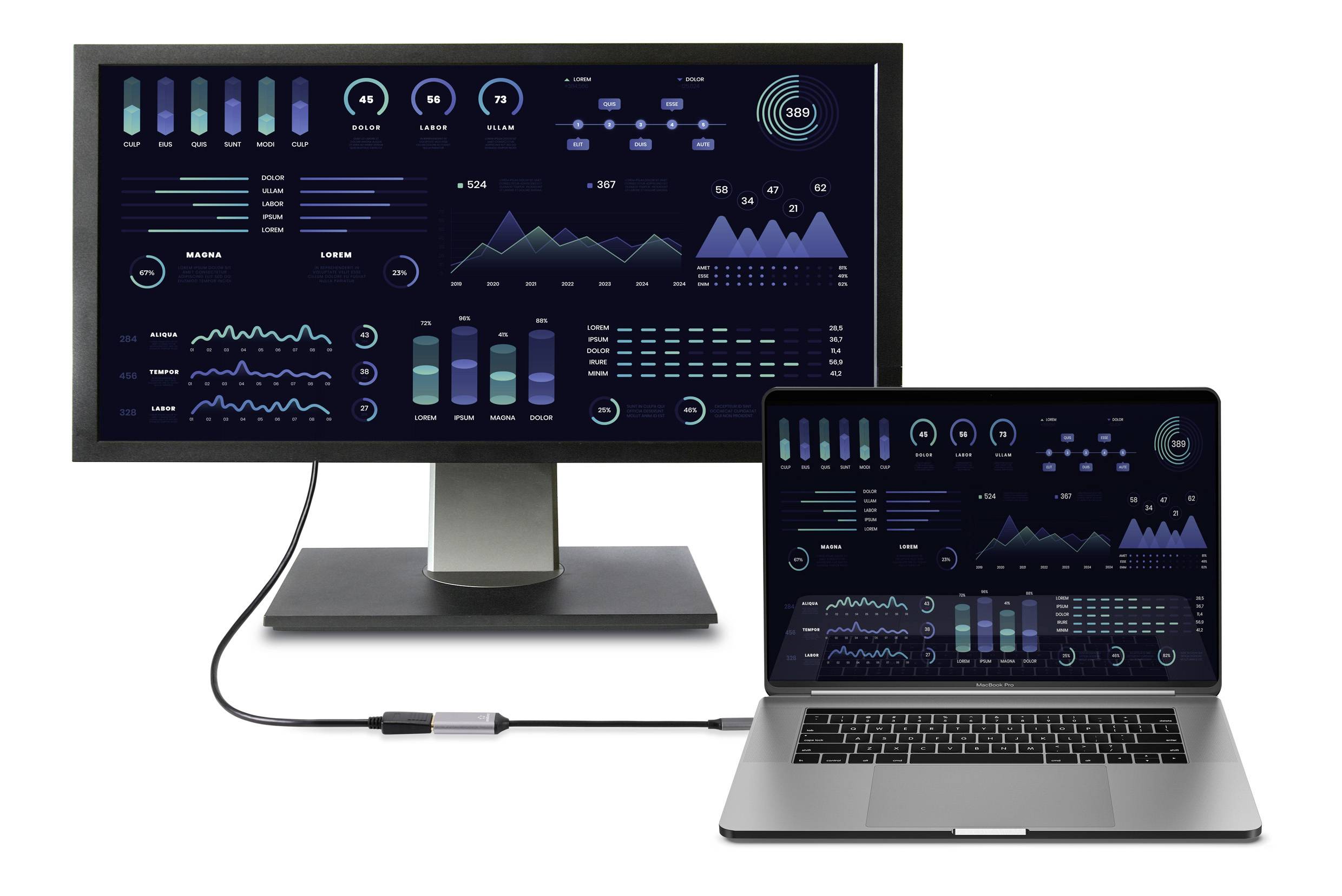 Ein Desktop-Monitor und ein Laptop zeigen Dashboards mit Datenvisualisierungen und Diagrammen. Beide Bildschirme sind über ein Kabel verbunden.
