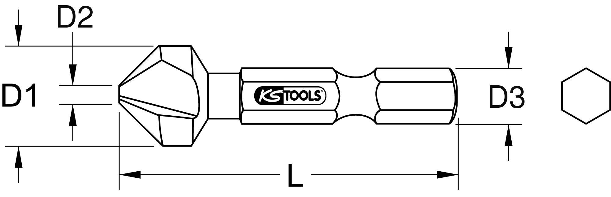 Maßzeichnung eines Senkbohrers mit den Abmessungen: D1, D2, D3 und Länge (L). Das Logo 'KS Tools' ist auf dem Bohrer sichtbar.