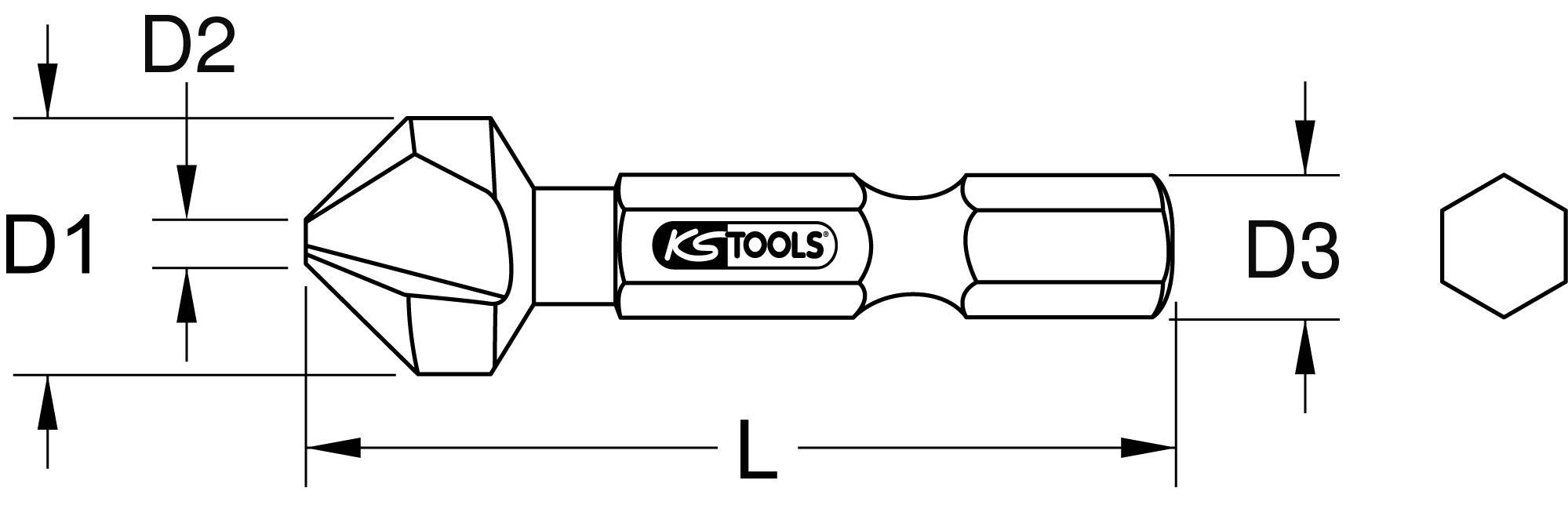 Sechskant-Absenker mit den Maßen D1, D2, D3 und L. Enthält 'KS Tools'-Logo. Geeignet für Metallbearbeitung oder Obersenken.