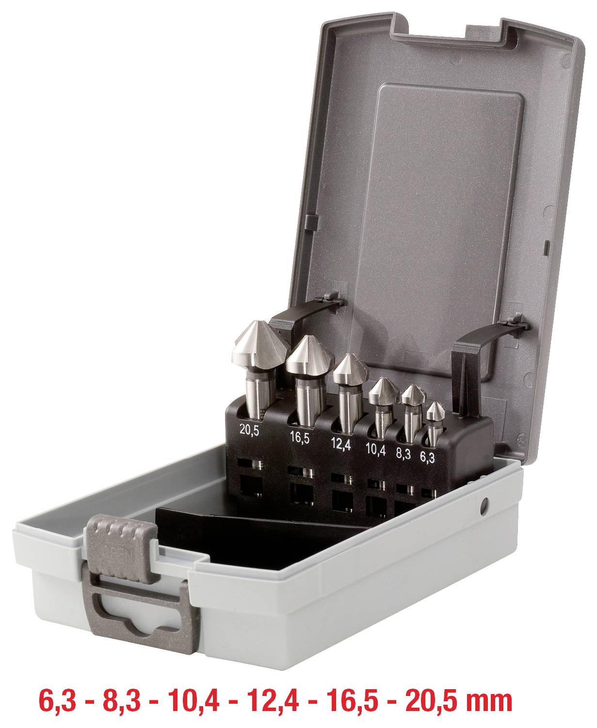 Metallbohrer-Set in einer offenen Box, sechs unterschiedlich große Bohrer sind sichtbar. Größenangaben '6,3 - 20,5 mm' unten.