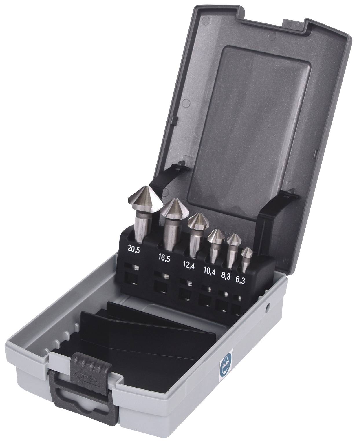 Ein Kunststoffetui mit sechs unterschiedlich großen Senkbohrern ist geöffnet. Die Größen sind angegeben: 20,5 bis 6,3 mm.