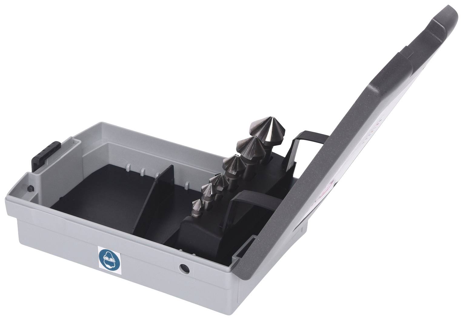 Ein offener grauer Werkzeugkoffer mit einer Reihe von Kegelsenkerbohrern in verschiedenen Größen, die im Inneren angeordnet sind.