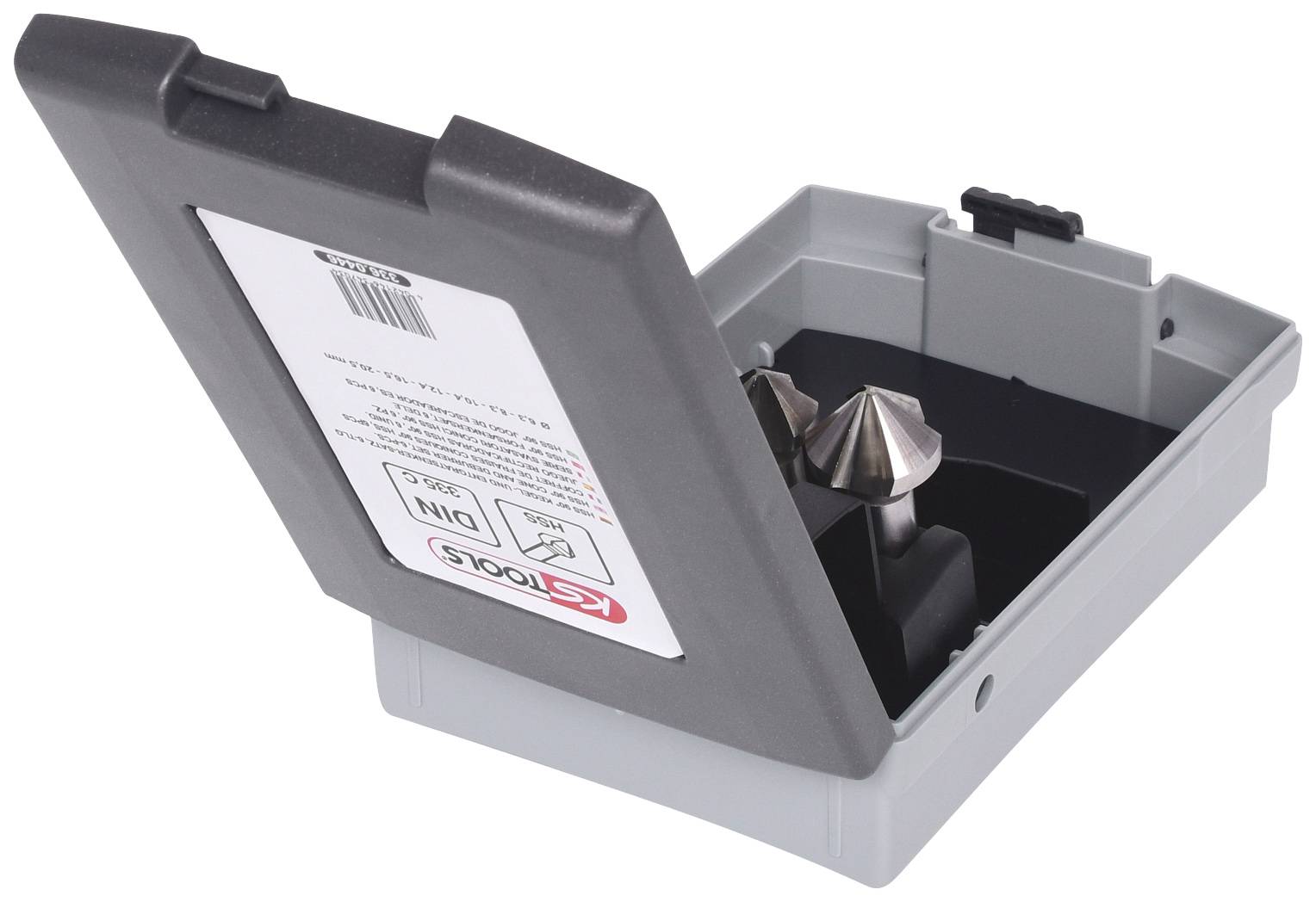 Graue Kunststoffbox mit geöffnetem Deckel, innen befindet sich ein Kegelsenker-Werkzeug.