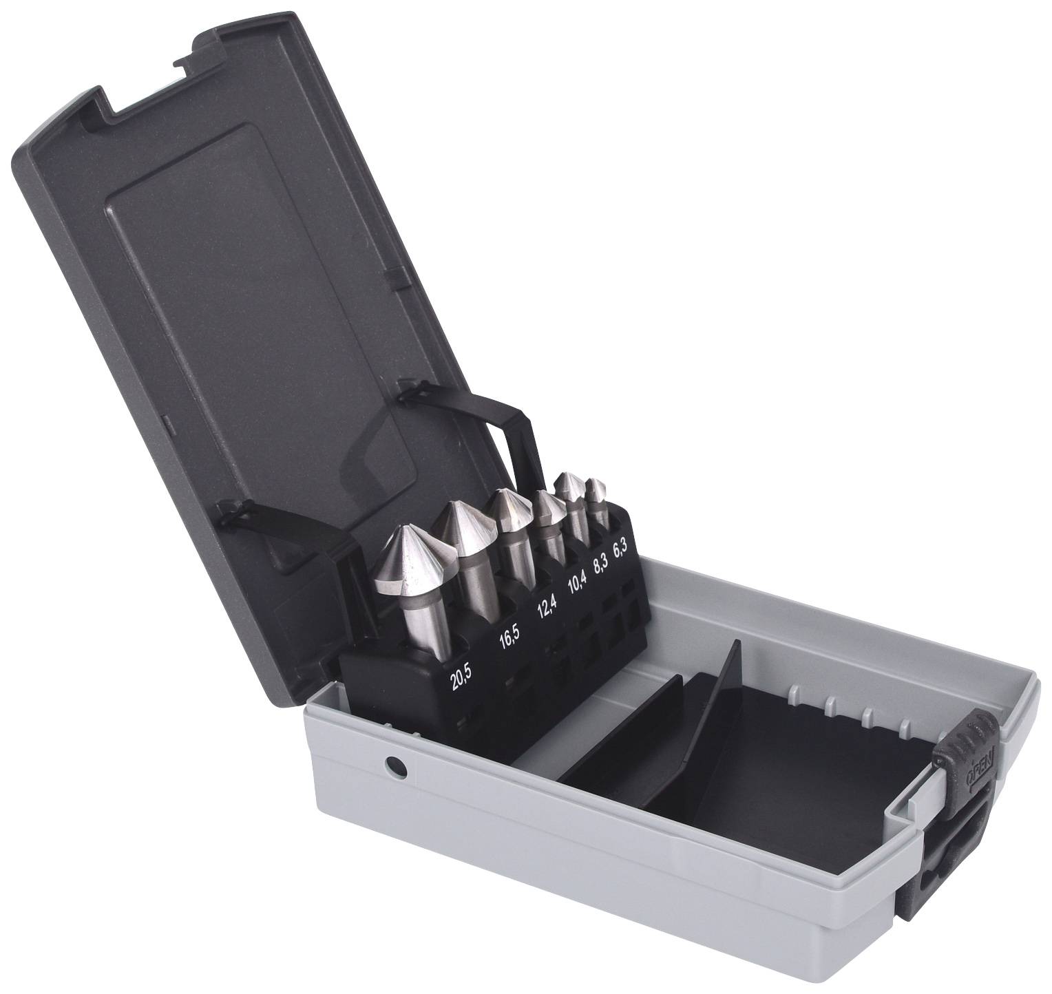 Bohrer-Set in einem offenen grauen Kunststoffkoffer. Enthält fünf konische Bohrer verschiedener Größen, ordentlich in Halterungen platziert.
