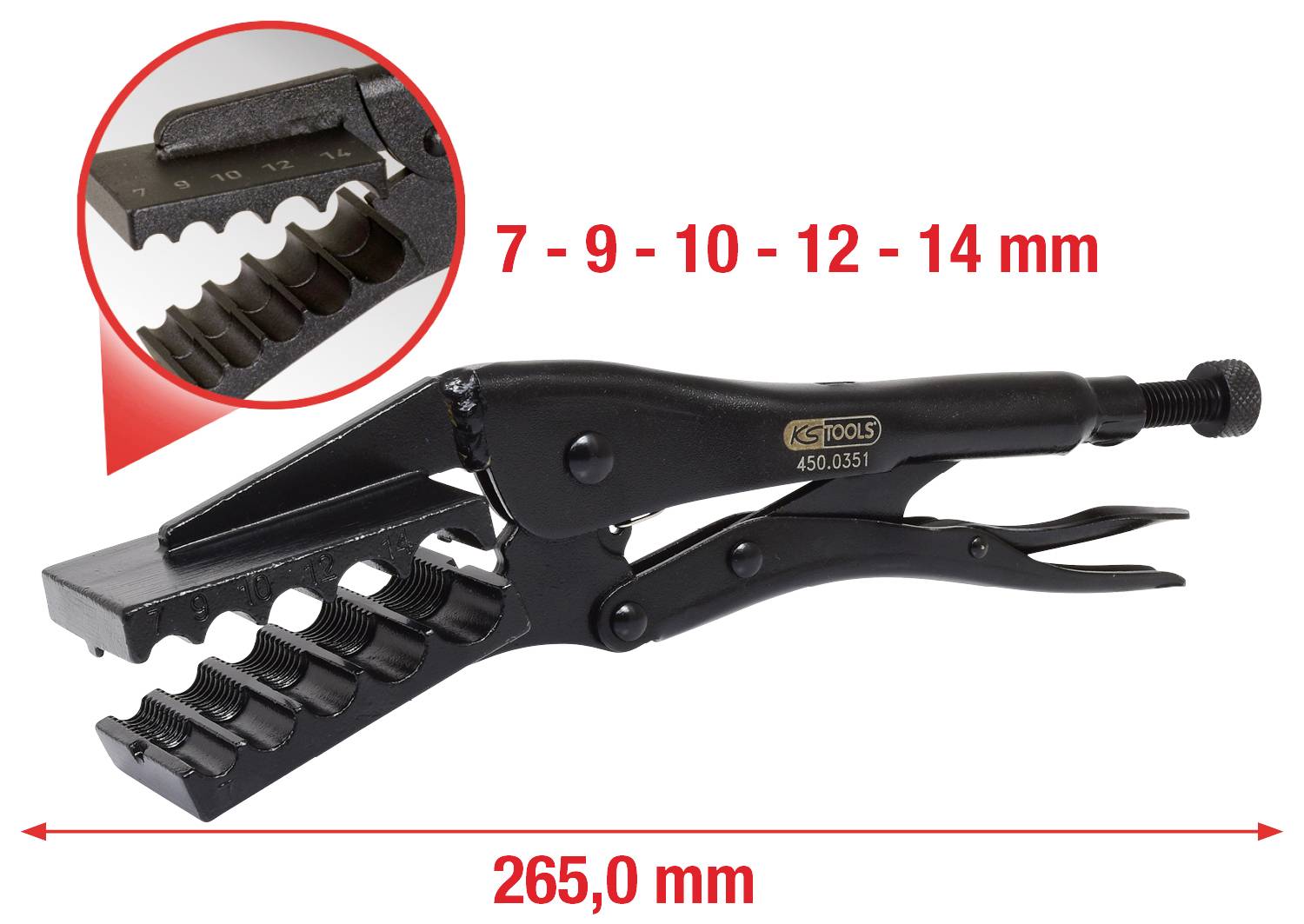 Spezialzange mit verschiedenen Zangenbacken. Größen: 7, 9, 10, 12, 14 mm. Länge: 265 mm.