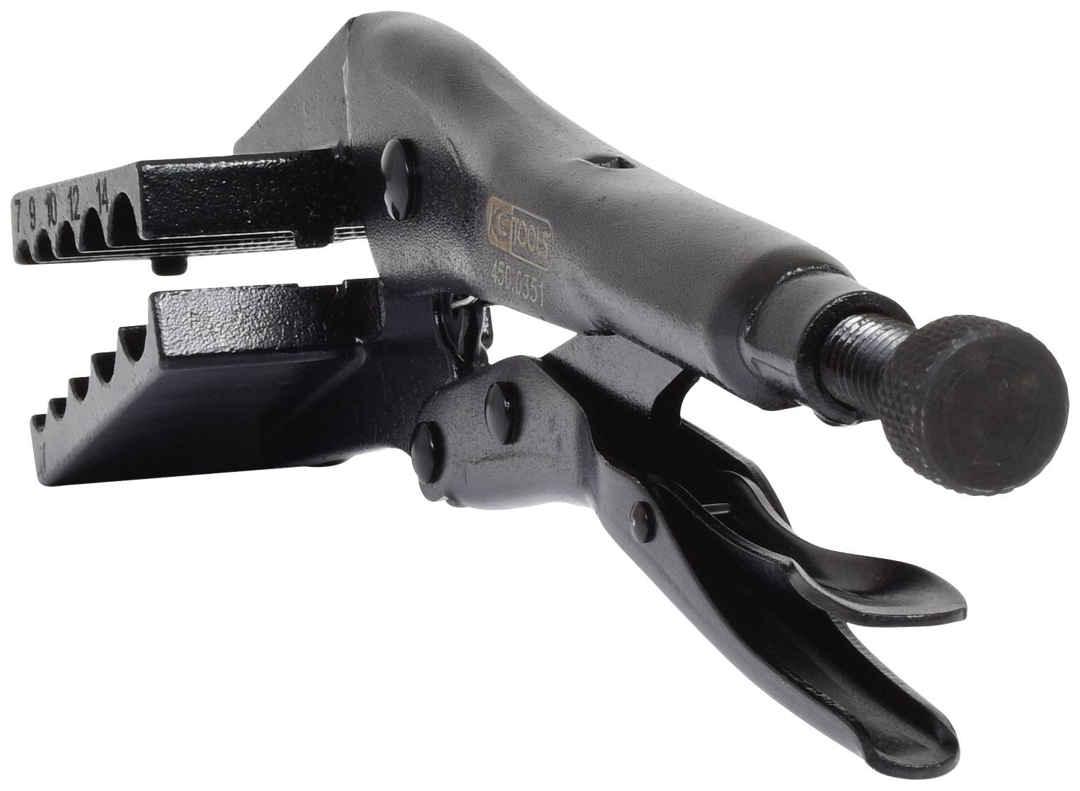 Schwarze, robuste Schraubzwinge mit verstellbarem Griff und geriffeltem Kiefer zur sicheren Fixierung von Werkstücken.