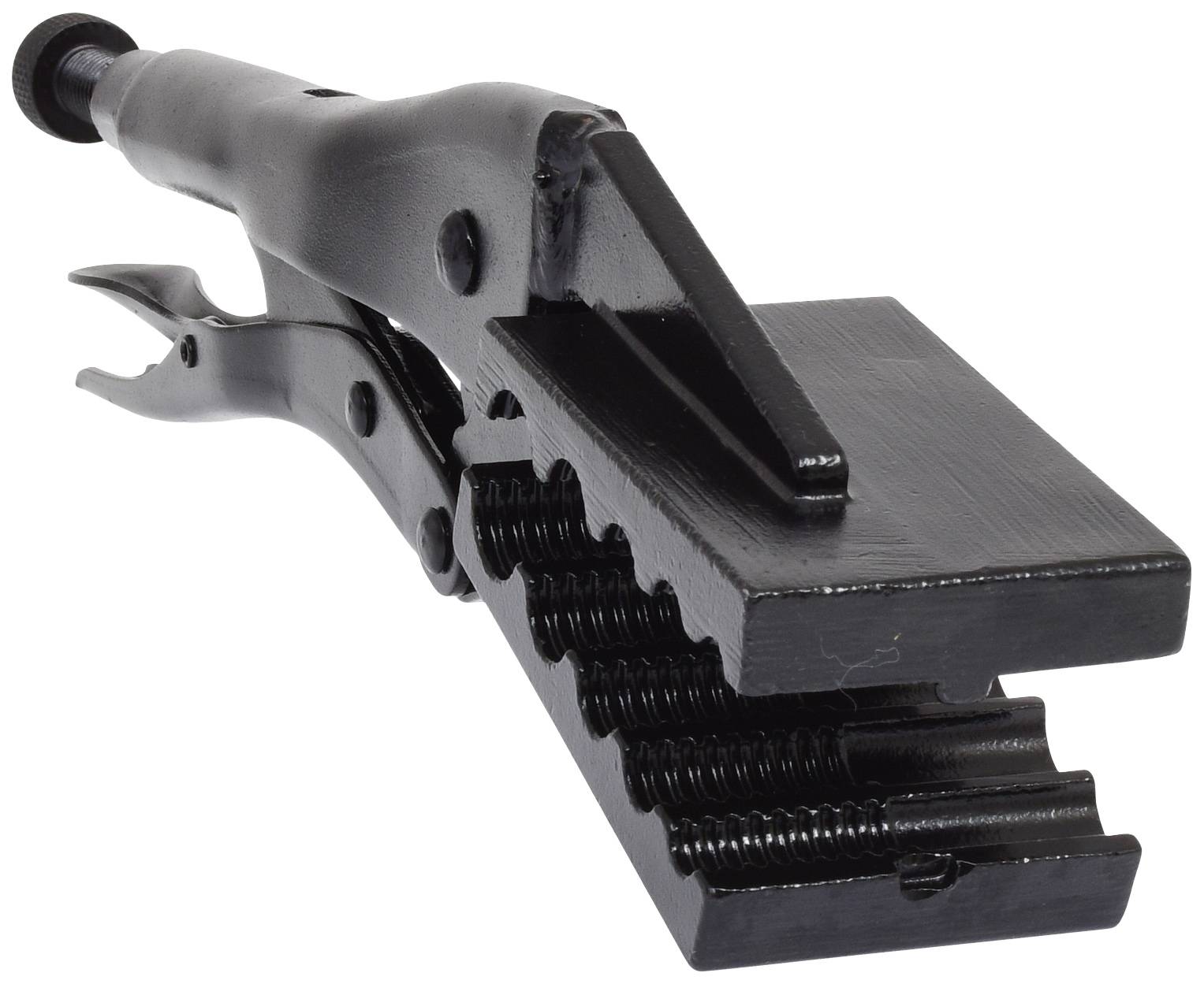 Schwarze Gripzange mit geriffeltem Klemmbacken, verwendet zum Halten oder Klemmen von Werkstücken.