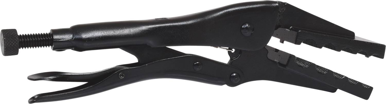 Eine schwarze Greifzange mit geriffeltem Griff und verstellbarer Spannschraube. Sie wird zum Festhalten von Werkstücken genutzt.