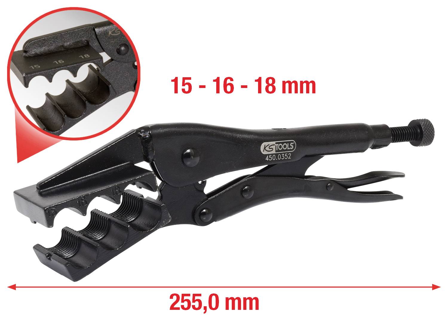 Greifzange mit verstellbaren Backen für 15, 16 und 18 mm Rohrgrößen, schwarze Farbe, Gesamtlänge 255 mm.