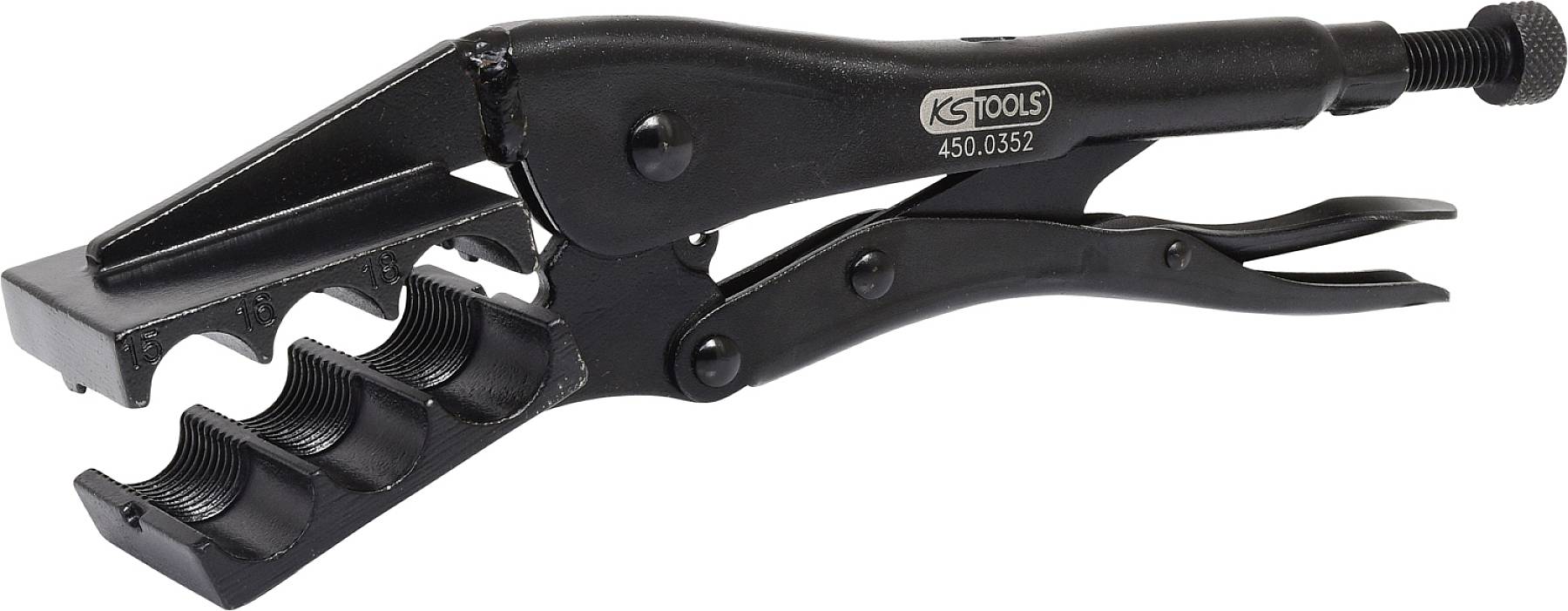Schwarzer Auspuffrohr-Schließzangen aus Metall mit geriffeltem Backenbereich und Schraubmechanismus, verwendet für Auspuffarbeiten.