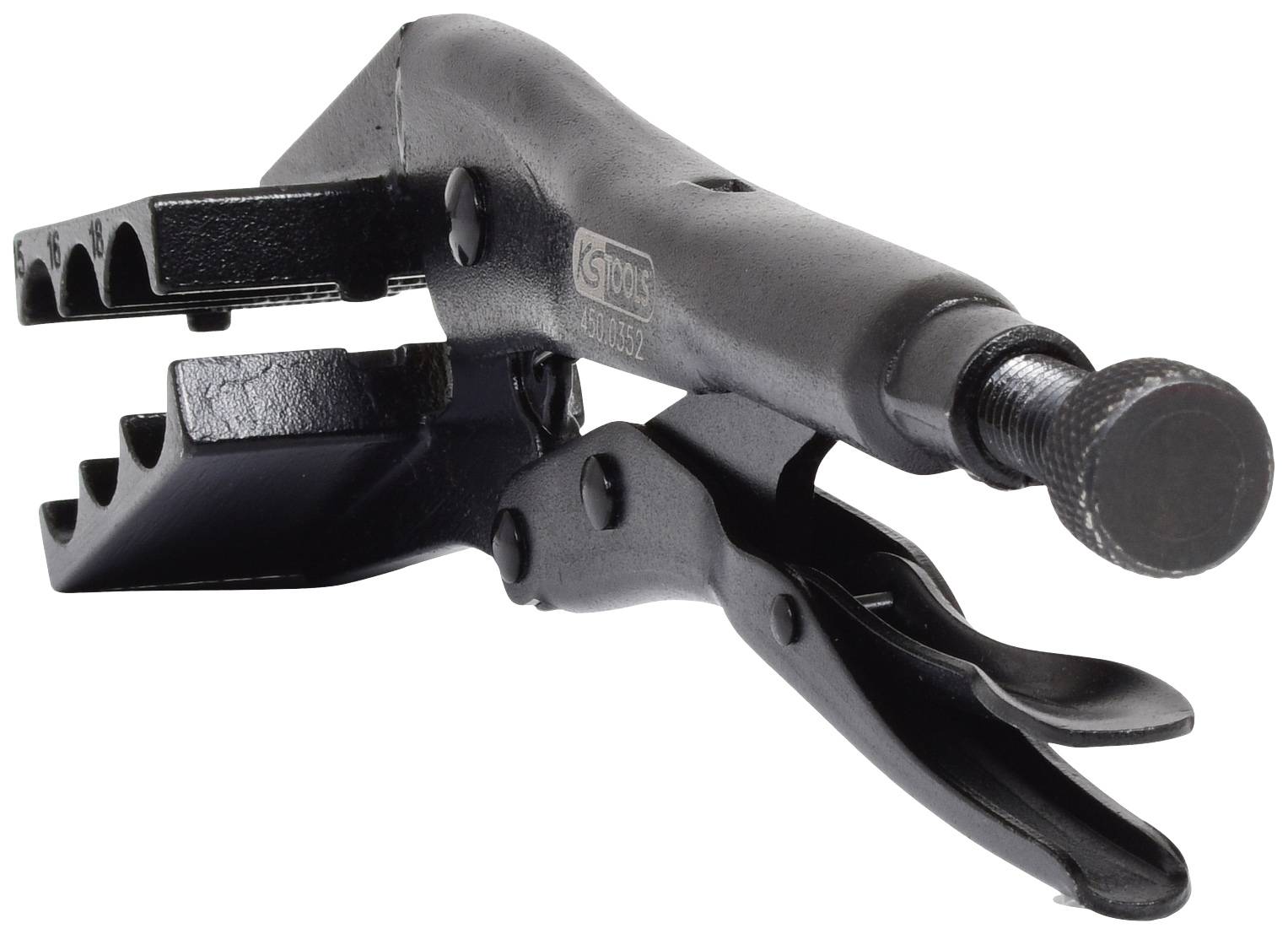 Ein schwarzer Metallschraubverschluss mit Hebel und Wellengreifer, genutzt für festes Halten oder Zusammenpressen von Materialien.