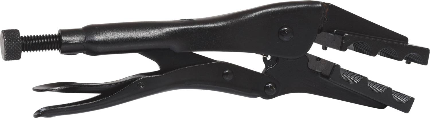 Schwarze Zange mit verstellbarem Griff und Schraube, verwendet zum Greifen oder Klemmen von Objekten. Mechanisches Werkzeug.