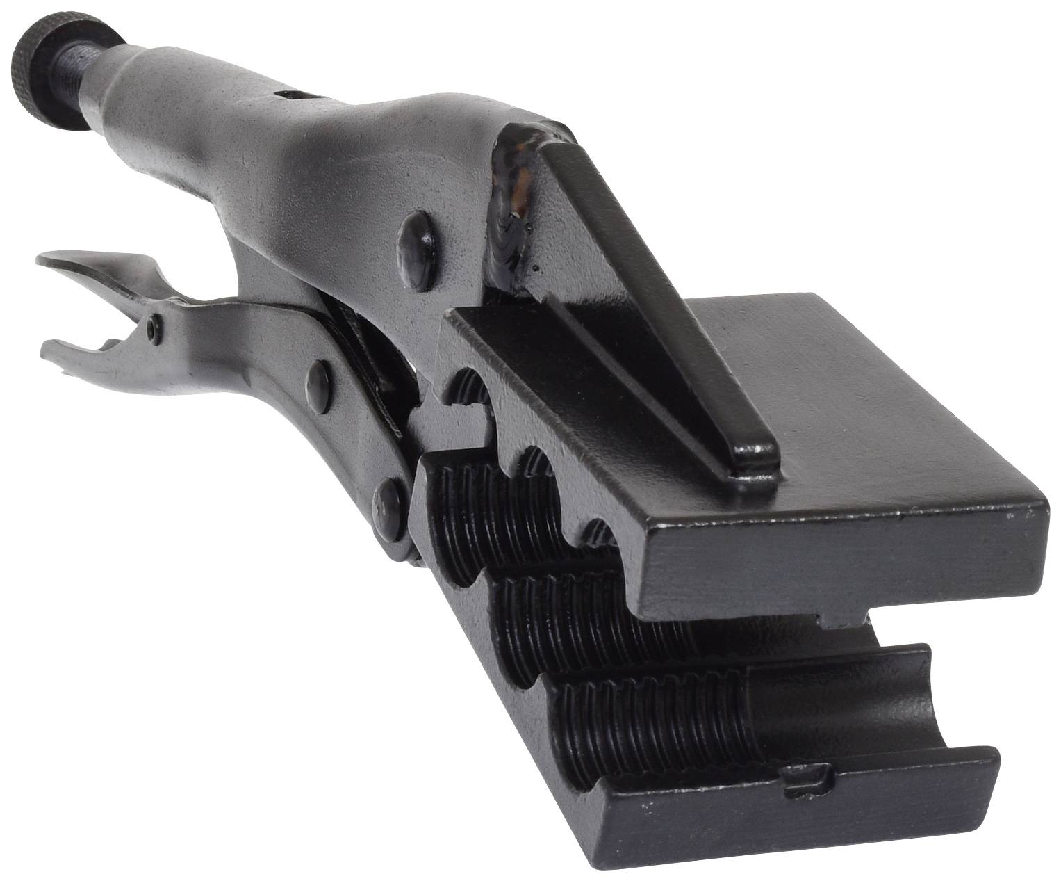 Eine schwarze Nietzange mit Backen und Griff sichtbar, zum Klemmen und Verbinden von Blechen verwendet.