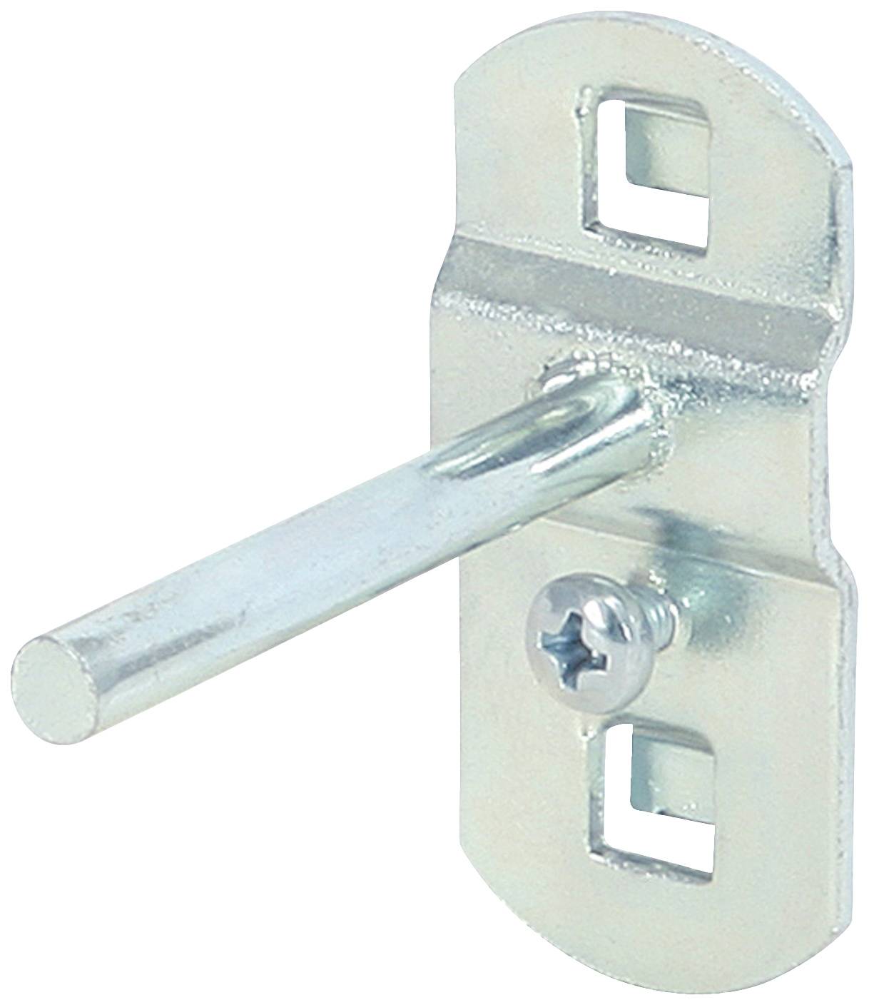 Metallhaken mit Schraube an rechteckiger Basis; dient zur Befestigung oder Aufhängung.