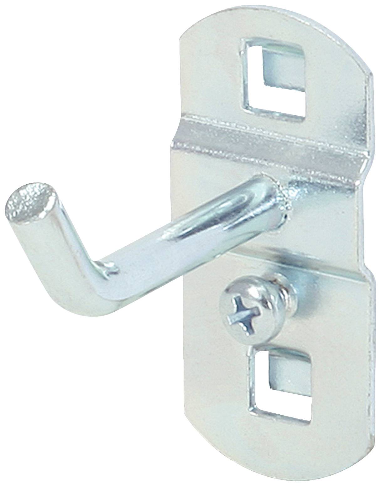 Metallhaken mit rechteckiger Basis und Schraube, geeignet zum Aufhängen an Wänden oder anderen festen Oberflächen.