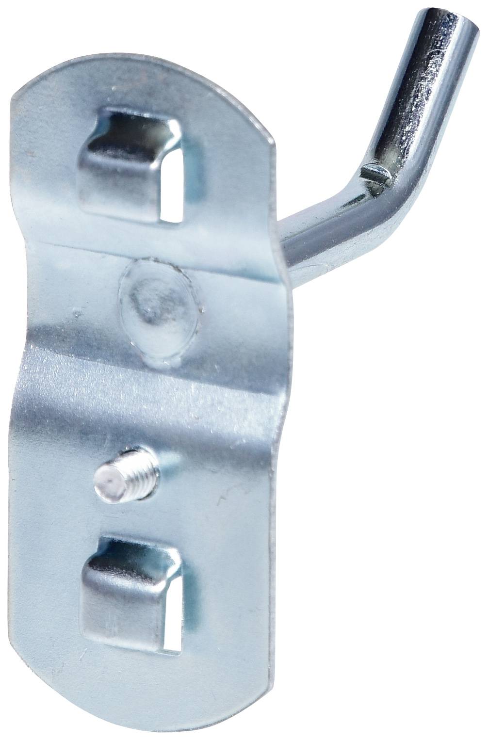 Metallhaken mit gebogenem Ende, an einer flachen, rechteckigen Basis mit zwei Löchern zur Befestigung an der Wand.