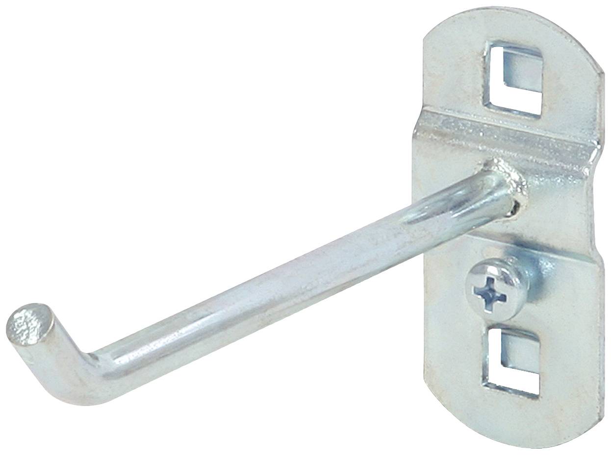 Metallhaken an rechteckiger Metallplatte mit Schraube, zur Wandmontage geeignet. Ideal zum Aufhängen von Werkzeugen oder Gegenständen.