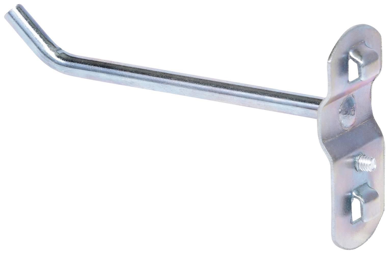 Metallhaken mit einer abgewinkelten Spitze und einer Montageplatte mit zwei Löchern, geeignet zur Befestigung an Wänden oder Regalen.