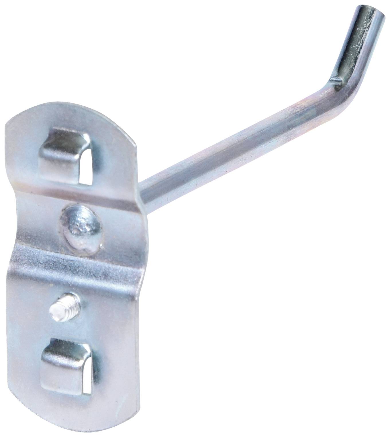 Ein silberner Metallhaken mit gebogener Spitze, an einer rechteckigen Platte mit Löchern zur Wandbefestigung befestigt.