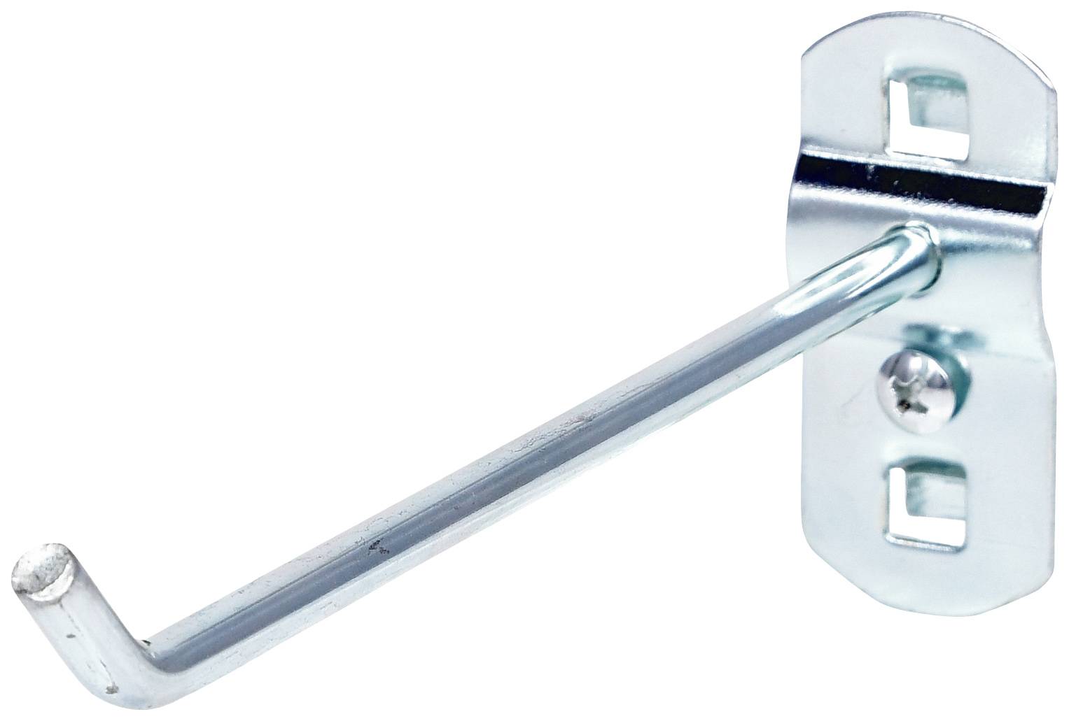 Metallhaken zur Wandbefestigung mit zwei rechteckigen Löchern für Schrauben, geeignet zur Aufhängung leichter Gegenstände.