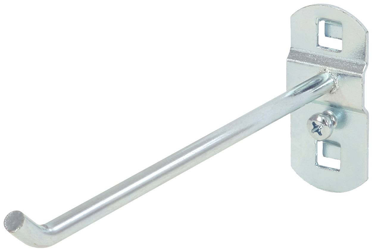 Einzelner silberner Metallhaken mit rechteckiger Befestigungsplatte und zwei Schraubenlöchern, zur Wandmontage geeignet.