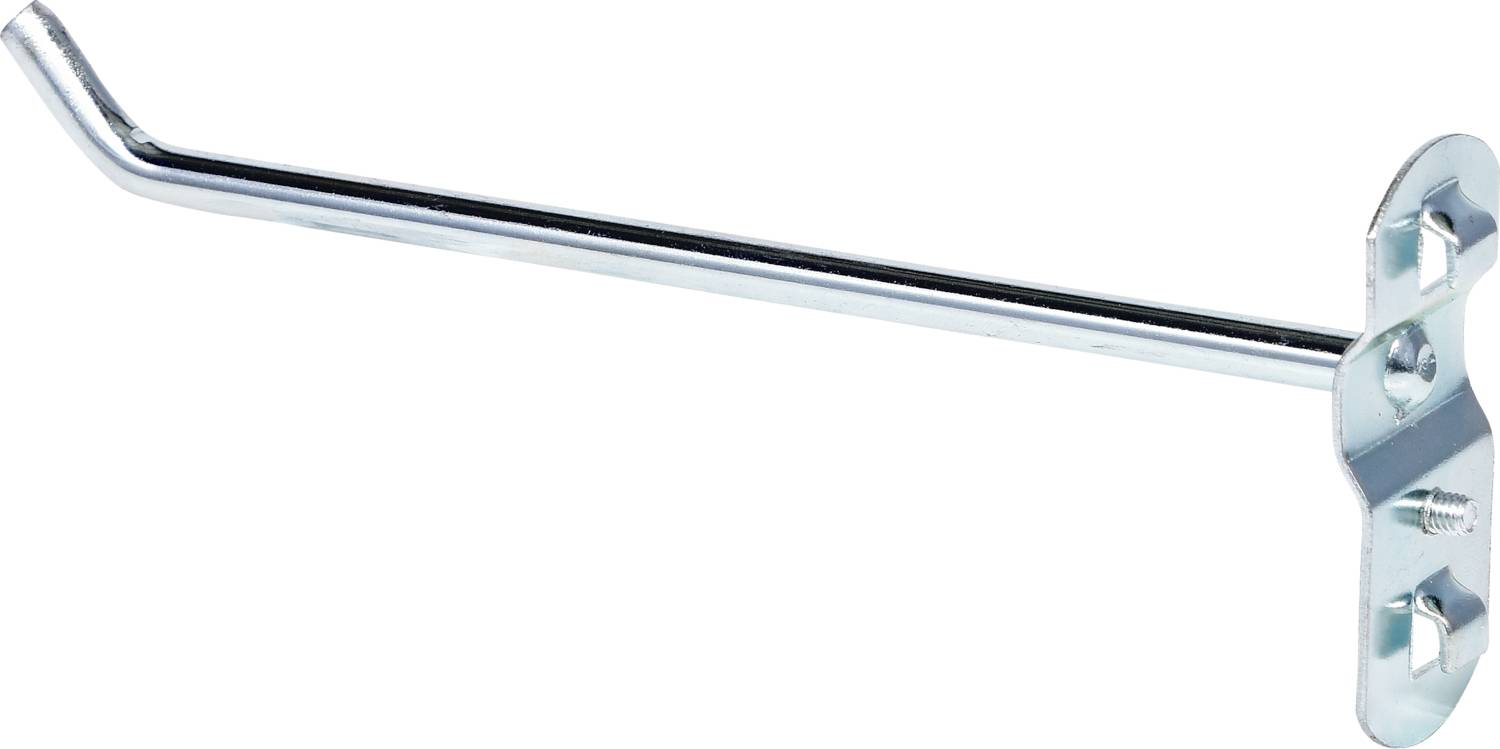 Metallhaken mit gebogenem Ende und flachem Befestigungsstück, geeignet zur Wandmontage. Ideal zum Aufhängen von Artikeln.