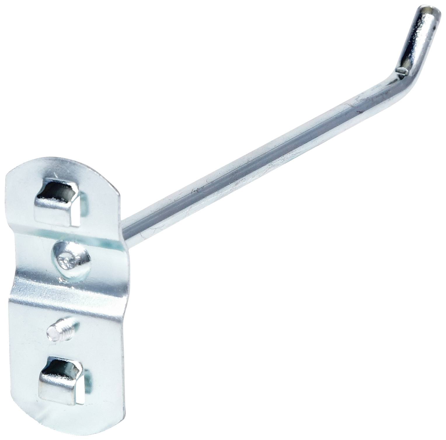 Metallhaken mit Wandhalterung, benutzt zur Befestigung in Drahtregalen oder Lochwänden, zeigt rechteckige Basis und gebogenen Haken.
