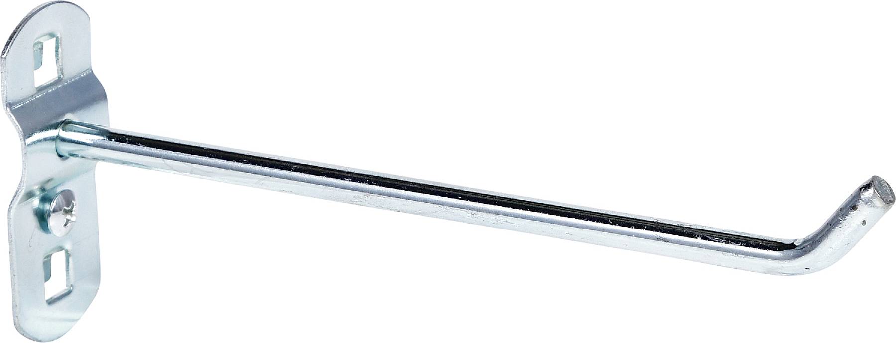 Metallhaken mit zwei rechteckigen Löchern an der Grundplatte, geeignet zur Befestigung an einer Wand oder einem Regal.