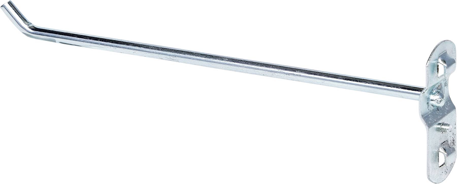 Metallhaken mit flacher Grundplatte und zwei Schraublöchern, geeignet zur Wand- oder Regalbefestigung, glänzende Silberoberfläche.