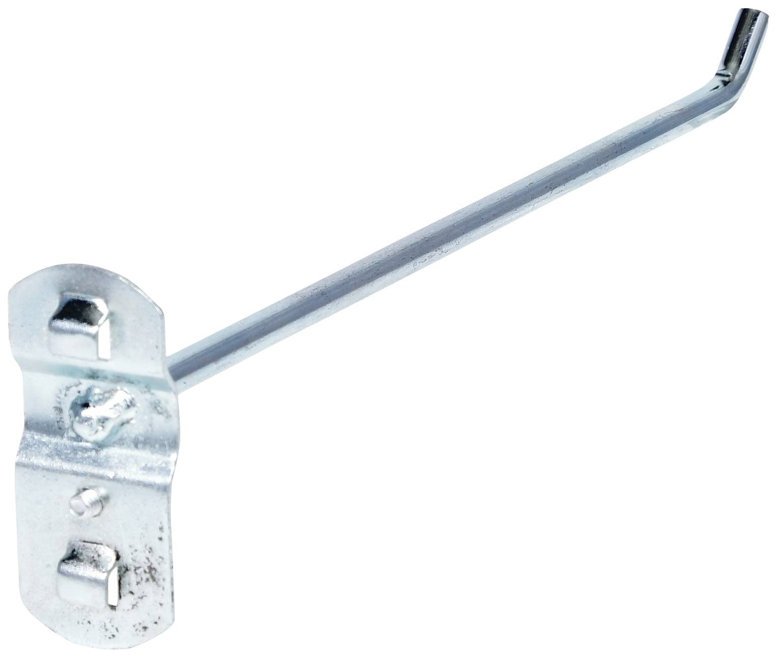 Metallhaken mit langer, gerader Stange und abgewinkeltem Ende; Befestigungsplatte mit zwei Löchern.