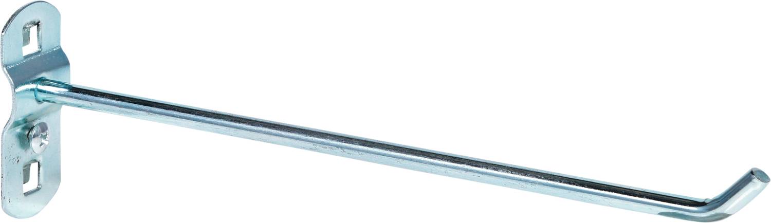 Metallhaken mit einer flachen Basis und zwei Schraubenlöchern zur Wandmontage, ideal zum Aufhängen von Werkzeugen oder Ausrüstung.