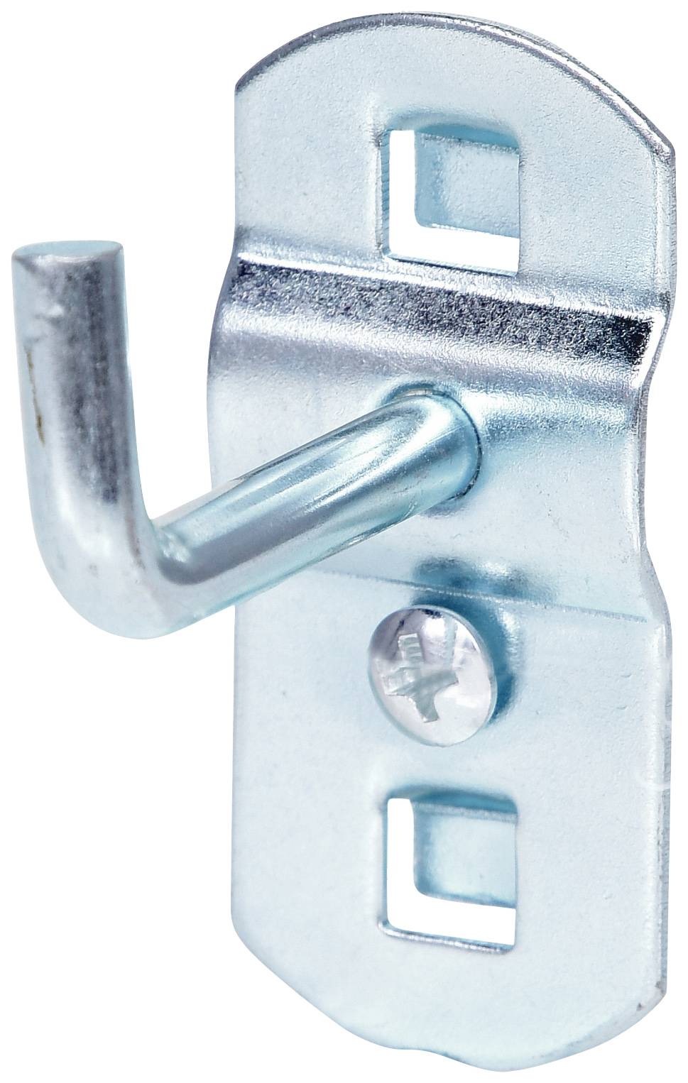 Metallhaken mit Wandplatte, zwei rechteckigen Löchern, einer zentralen Schraube und einem nach oben gebogenen Haken zur Befestigung.