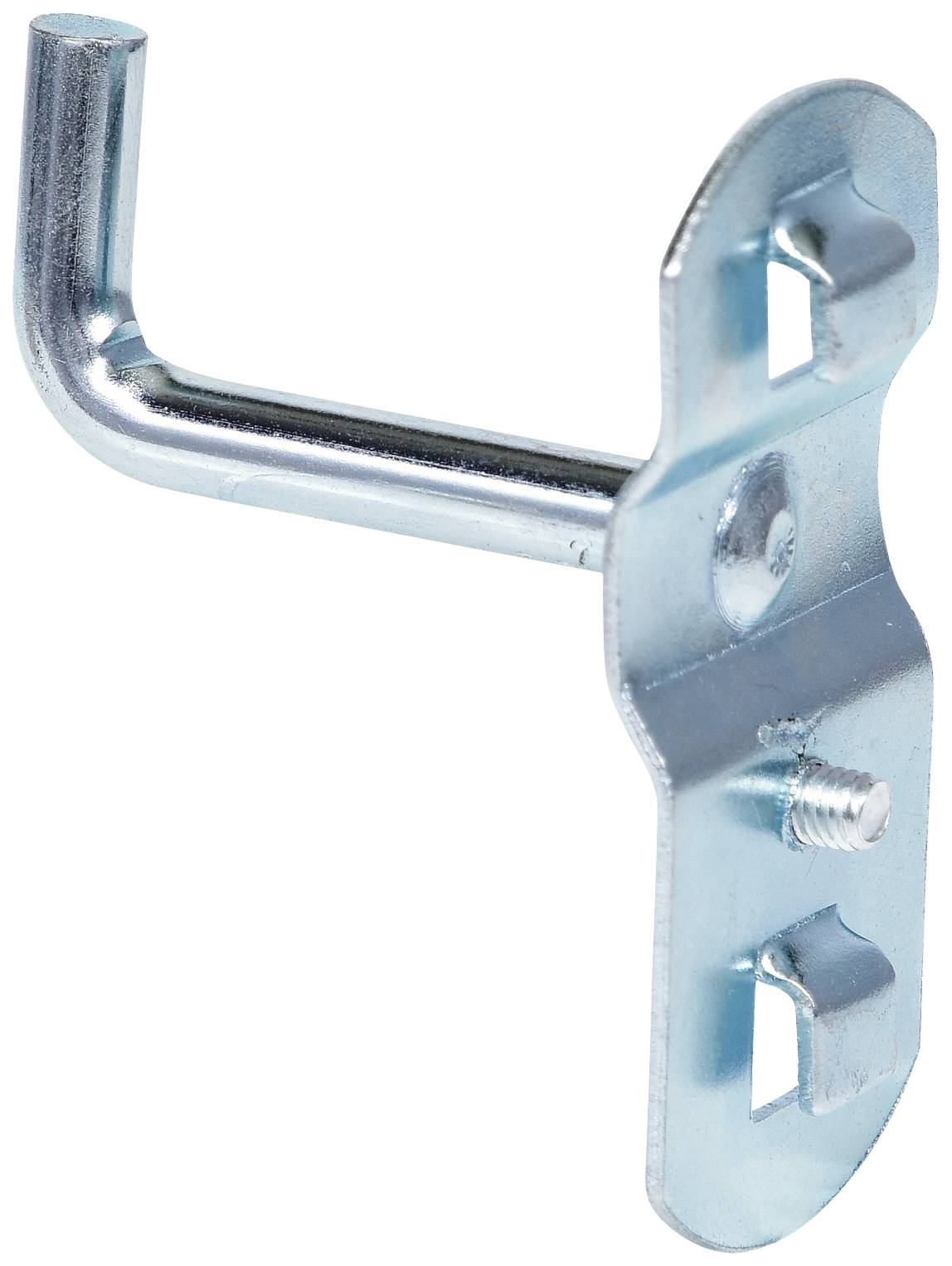 Ein Haken aus Metall mit einer Schraube an einer Befestigungsplatte. Der Haken ist rechtwinklig gebogen und glänzt silbern.