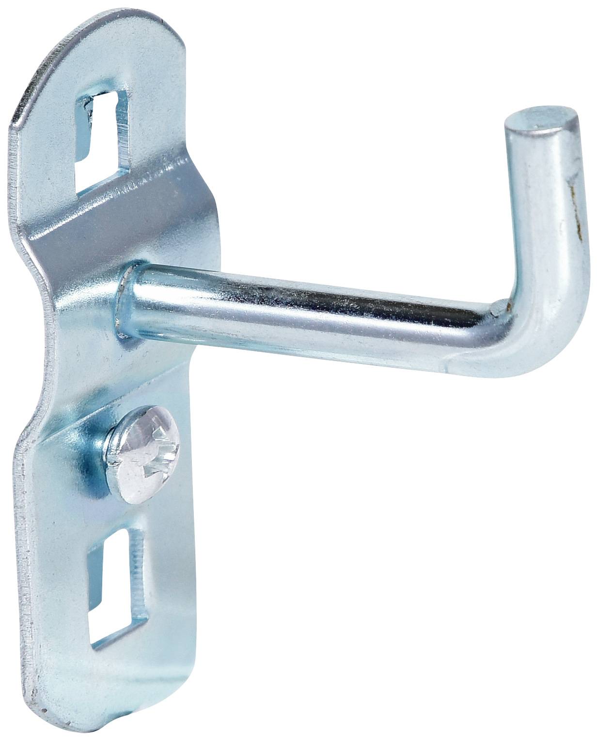 Einzelner silberner Haken aus Metall, montierbar an einer Wand oder Oberfläche mittels Schrauben. Geeignet zum Aufhängen von Gegenständen.
