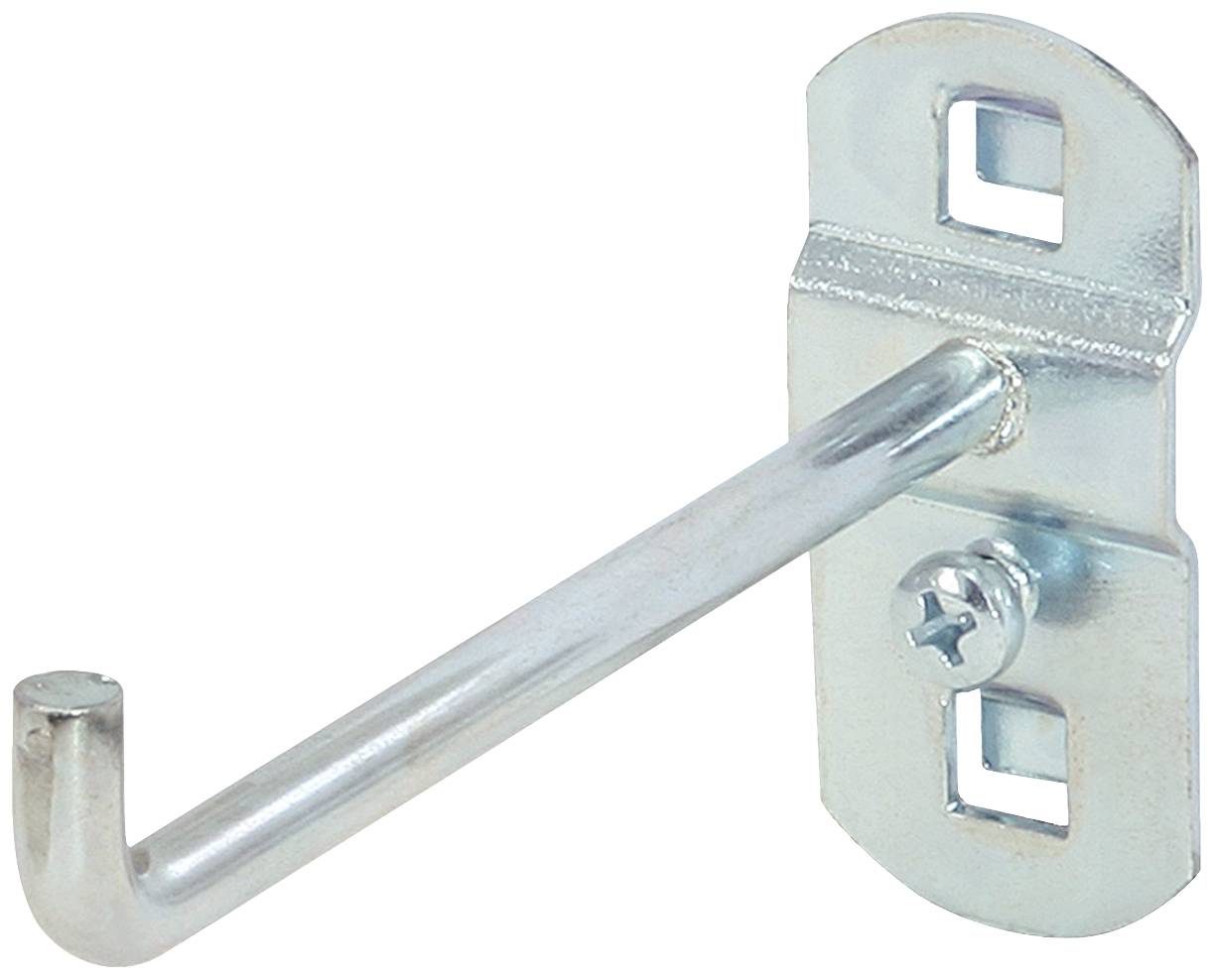 Metallhaken mit rechteckiger Halterung und quadratischen Befestigungslöchern, an einer Wand montierbar.